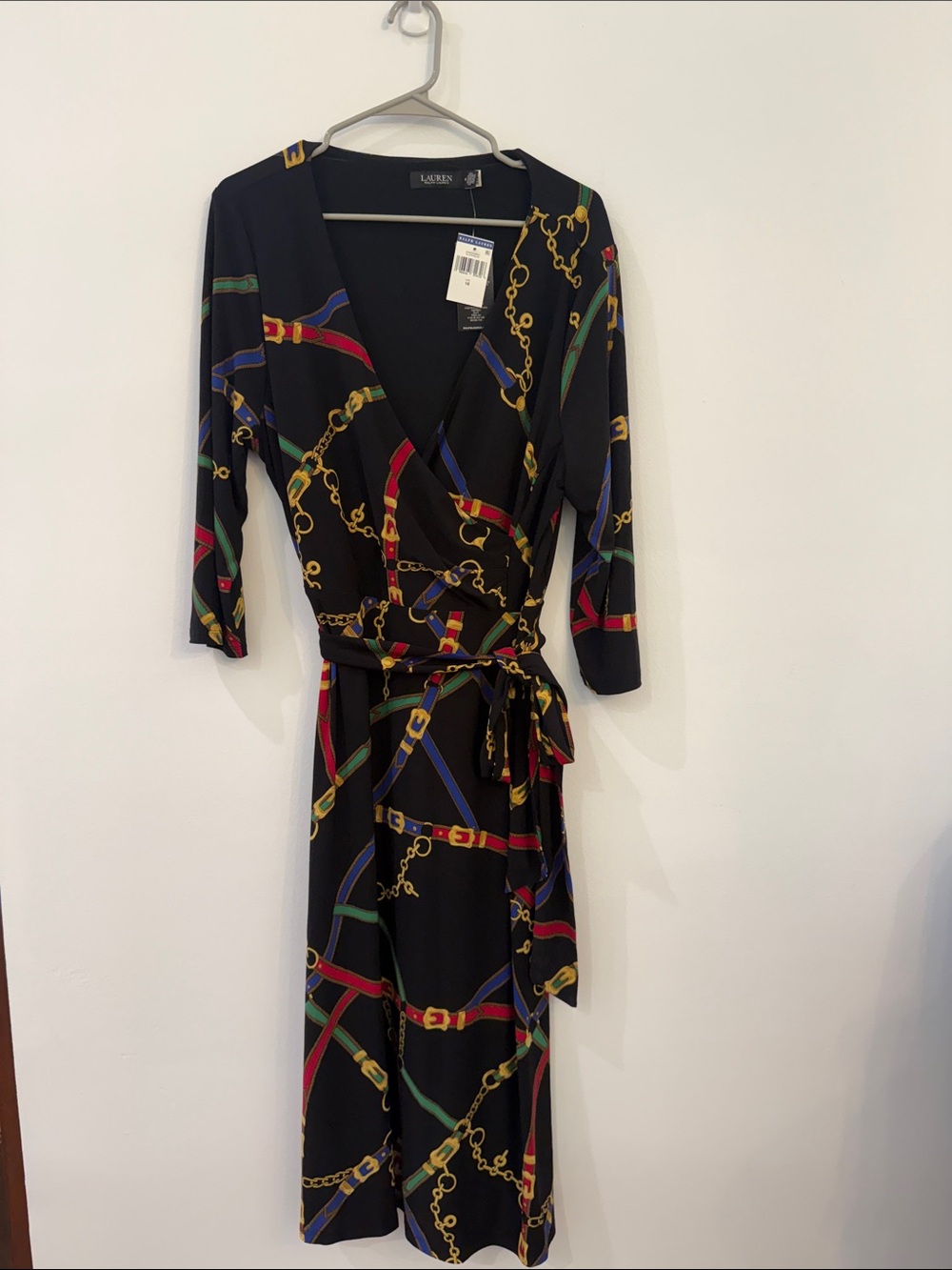 Lauren Ralph Lauren Black Midi Wrap Dress with Multicolor Chain & Belt